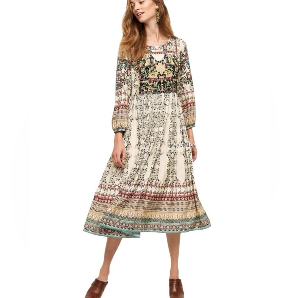 Anthropologie Far Fields Beaded Midi Dress Bhanuni by Jyoti size 2 Cream